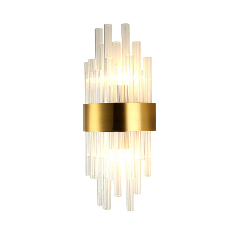 2 Heads Bedroom Wall Mount Light Postmodern Gold Sconce Light with Cylinder Fluted Crystal Shade Clearhalo 'Modern wall lights' 'Modern' 'Wall Lamps & Sconces' 'Wall Lights' Lighting' 263931