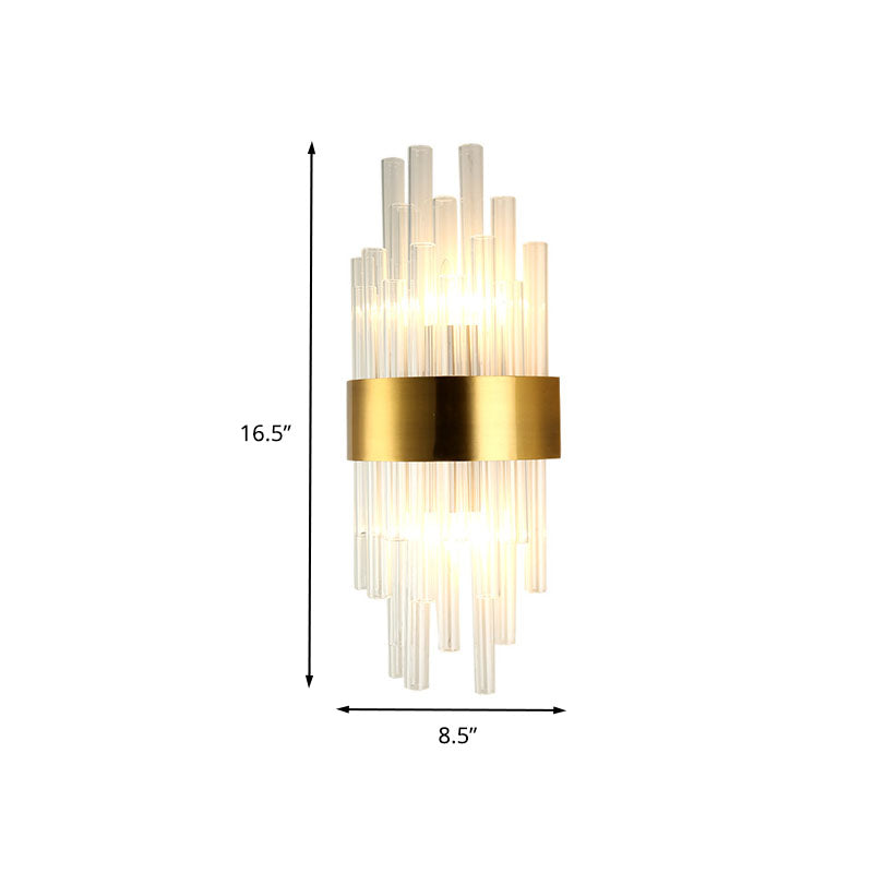 2 Heads Bedroom Wall Mount Light Postmodern Gold Sconce Light with Cylinder Fluted Crystal Shade Clearhalo 'Modern wall lights' 'Modern' 'Wall Lamps & Sconces' 'Wall Lights' Lighting' 263932