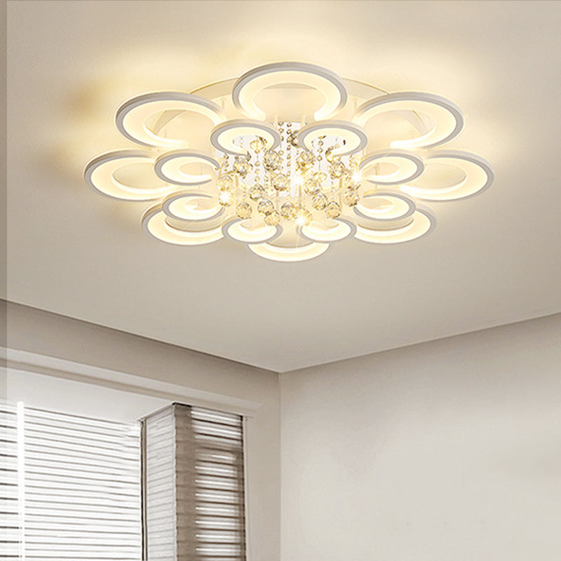 White Floral Semi Flush Lamp Modernist LED Crystal Flushmount Lighting in White/Warm Light Clearhalo 'Ceiling Lights' 'Close To Ceiling Lights' 'Close to ceiling' 'Flush mount' Lighting' 263990