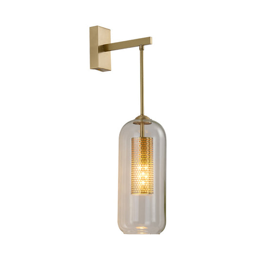 Clear Glass Capsule Wall Light Sconce Modern Stylish 1 Bulb Gold Arm Indoor Wall Lighting Clearhalo 'Wall Lamps & Sconces' 'Wall Lights' Lighting' 264029