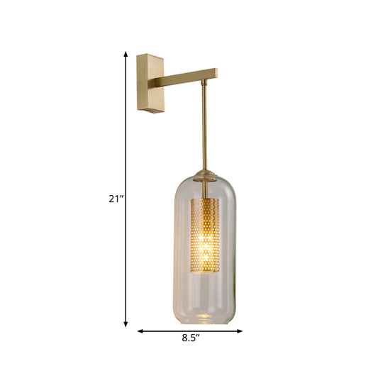 Clear Glass Capsule Wall Light Sconce Modern Stylish 1 Bulb Gold Arm Indoor Wall Lighting Clearhalo 'Wall Lamps & Sconces' 'Wall Lights' Lighting' 264030