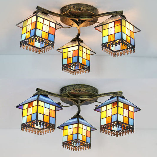 Blue/Clear Small House Ceiling Light Tiffany Stained Glass 3 Lights Flush Mount Ceiling Light for Bedroom Clearhalo 'Ceiling Lights' 'Close To Ceiling Lights' 'Close to ceiling' 'Glass shade' 'Glass' 'Semi-flushmount' 'Tiffany close to ceiling' 'Tiffany' Lighting' 26405