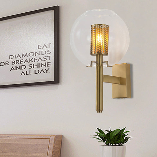 1 Head Brass Wall Sconce Minimal Gold Finish Cylindrical Mesh Wall Mounted Light Clearhalo 'Wall Lamps & Sconces' 'Wall Lights' Lighting' 264076