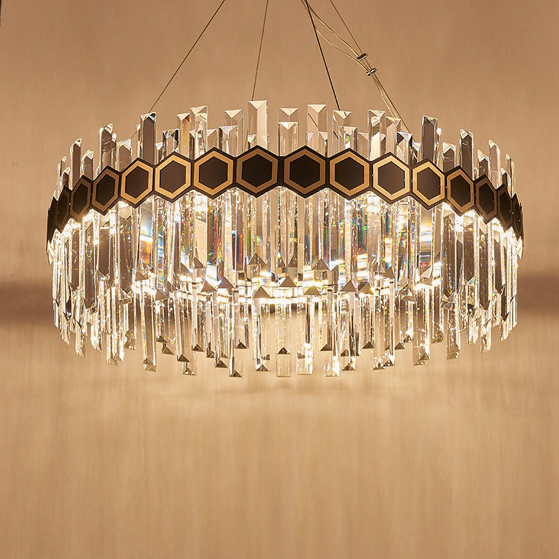 23.5"/31.5" W Tapered Icicle Crystal Suspension Pendant Modernist LED Black Ceiling Chandelier Black 31.5" Clearhalo 'Ceiling Lights' 'Chandeliers' 'Modern Chandeliers' 'Modern' Lighting' 264081