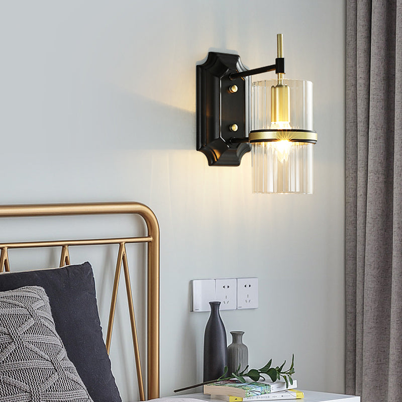 Black 1 Bulb Banded Wall Lamp Contemporary Iron Circular Sconce Lighting with Clear Glass Shade Black Clearhalo 'Wall Lamps & Sconces' 'Wall Lights' Lighting' 264104