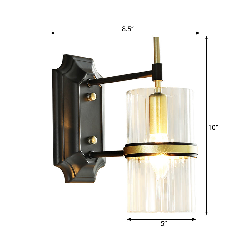 Black 1 Bulb Banded Wall Lamp Contemporary Iron Circular Sconce Lighting with Clear Glass Shade Clearhalo 'Wall Lamps & Sconces' 'Wall Lights' Lighting' 264108