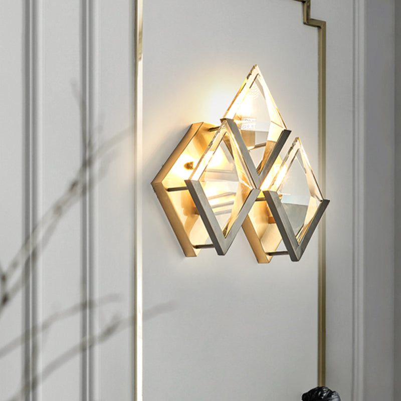 3-Head Rhombus Wall Light Sconce Vintage Clear Crystal Wall Mounted Lamp in Gold Gold Clearhalo 'Wall Lamps & Sconces' 'Wall Lights' Lighting' 264116