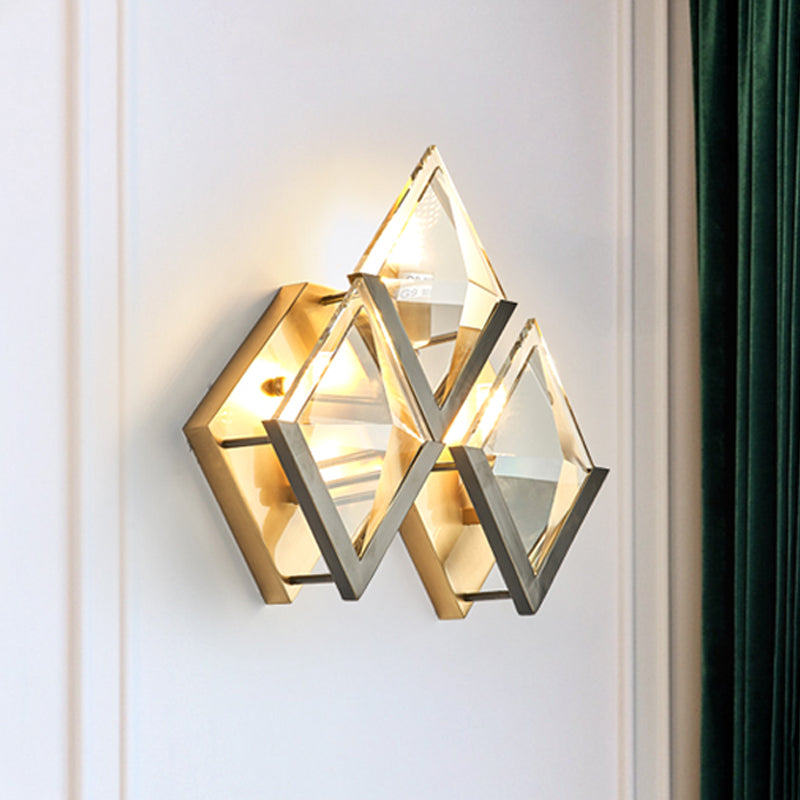 3-Head Rhombus Wall Light Sconce Vintage Clear Crystal Wall Mounted Lamp in Gold Clearhalo 'Wall Lamps & Sconces' 'Wall Lights' Lighting' 264117