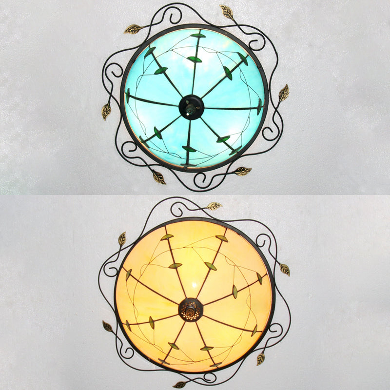 Round Ceiling Light Tiffany Style Stained Glass 3 Bulbs Ceiling Light Fixture with Leaf Pattern in Beige/Blue Clearhalo 'Ceiling Lights' 'Close To Ceiling Lights' 'Close to ceiling' 'Flush mount' Lighting' 26413