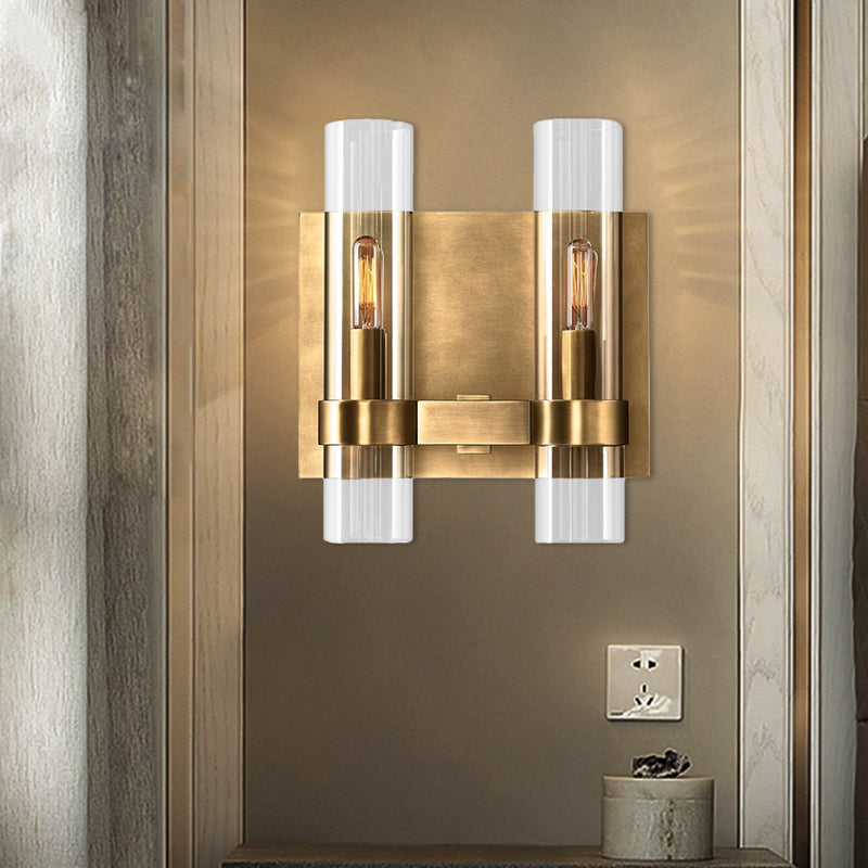 Clear Glass Symmetrical Tube Wall Sconce Modernist 2 Heads Black/Brass Armed Wall Light Fixture Brass Clearhalo 'Wall Lamps & Sconces' 'Wall Lights' Lighting' 264138