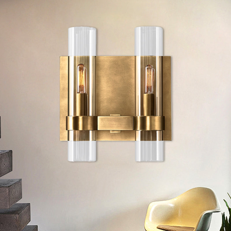 Clear Glass Symmetrical Tube Wall Sconce Modernist 2 Heads Black/Brass Armed Wall Light Fixture Clearhalo 'Wall Lamps & Sconces' 'Wall Lights' Lighting' 264139