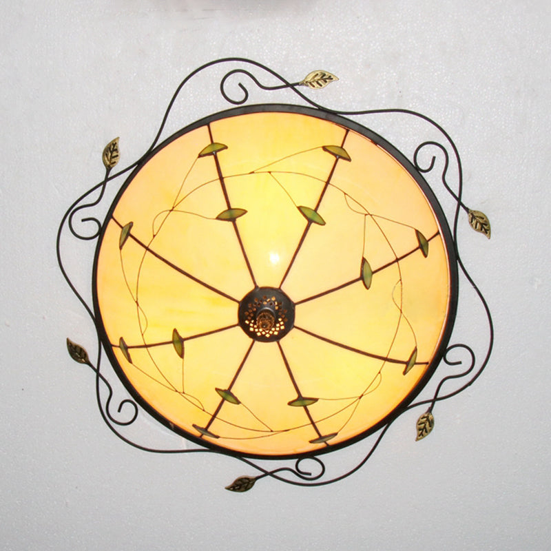 Round Ceiling Light Tiffany Style Stained Glass 3 Bulbs Ceiling Light Fixture with Leaf Pattern in Beige/Blue Beige Clearhalo 'Ceiling Lights' 'Close To Ceiling Lights' 'Close to ceiling' 'Flush mount' Lighting' 26414