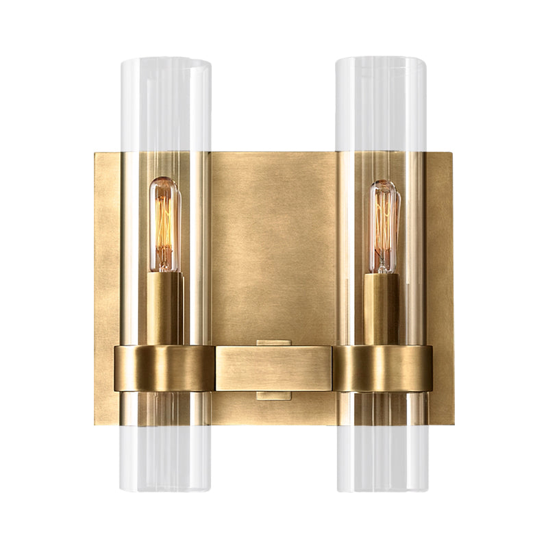 Clear Glass Symmetrical Tube Wall Sconce Modernist 2 Heads Black/Brass Armed Wall Light Fixture Clearhalo 'Wall Lamps & Sconces' 'Wall Lights' Lighting' 264141