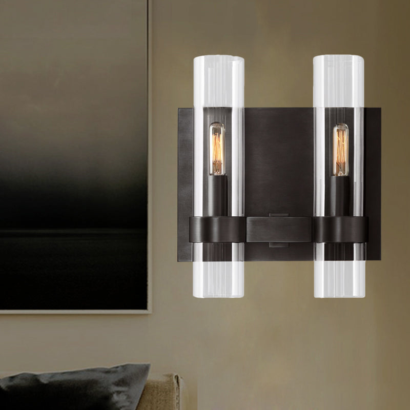 Clear Glass Symmetrical Tube Wall Sconce Modernist 2 Heads Black/Brass Armed Wall Light Fixture Black Clearhalo 'Wall Lamps & Sconces' 'Wall Lights' Lighting' 264143