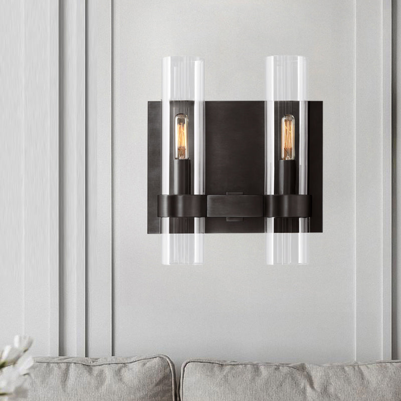 Clear Glass Symmetrical Tube Wall Sconce Modernist 2 Heads Black/Brass Armed Wall Light Fixture Clearhalo 'Wall Lamps & Sconces' 'Wall Lights' Lighting' 264144