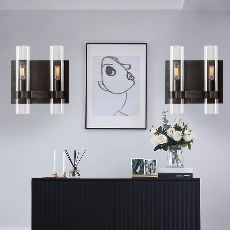 Clear Glass Symmetrical Tube Wall Sconce Modernist 2 Heads Black/Brass Armed Wall Light Fixture Clearhalo 'Wall Lamps & Sconces' 'Wall Lights' Lighting' 264145