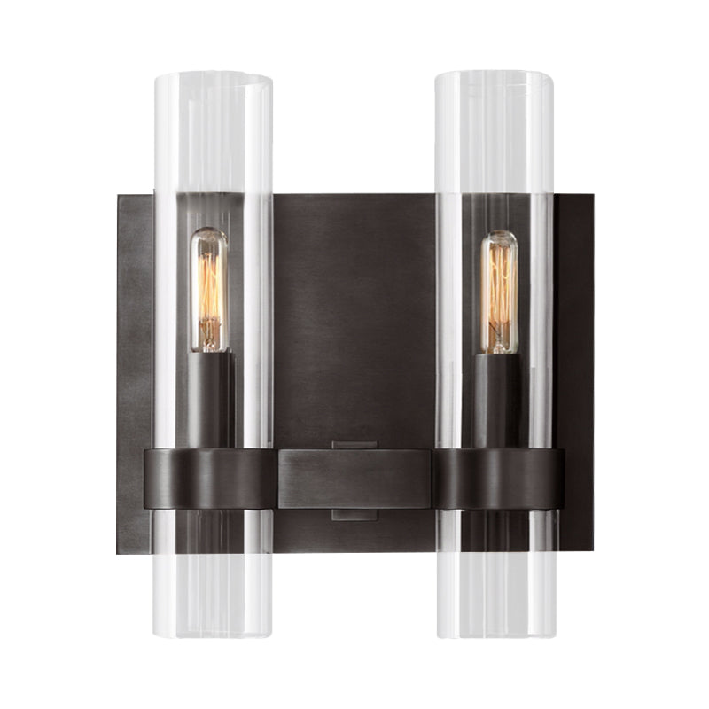 Clear Glass Symmetrical Tube Wall Sconce Modernist 2 Heads Black/Brass Armed Wall Light Fixture Clearhalo 'Wall Lamps & Sconces' 'Wall Lights' Lighting' 264146