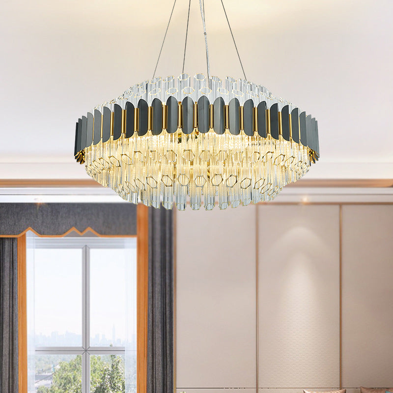 Grey Tubular Chandelier Lamp Modern 12-Light Prismatic Crystal Ceiling Pendant Light Grey Clearhalo 'Ceiling Lights' 'Chandeliers' 'Modern Chandeliers' 'Modern' Lighting' 264149