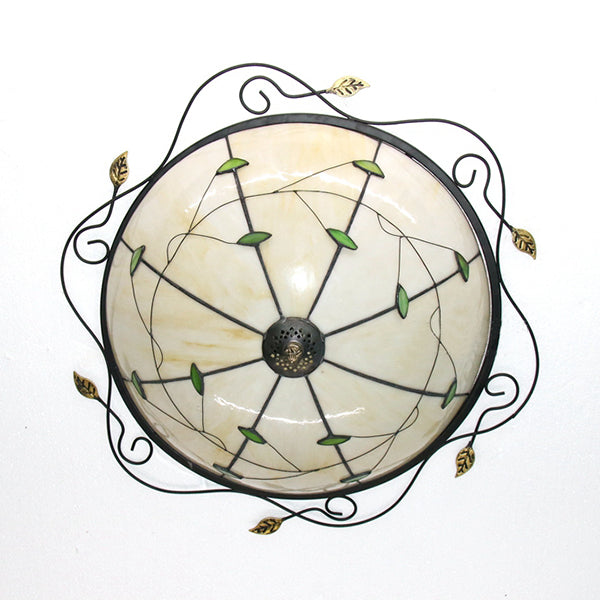 Round Ceiling Light Tiffany Style Stained Glass 3 Bulbs Ceiling Light Fixture with Leaf Pattern in Beige/Blue Clearhalo 'Ceiling Lights' 'Close To Ceiling Lights' 'Close to ceiling' 'Flush mount' Lighting' 26415