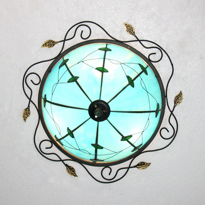 Round Ceiling Light Tiffany Style Stained Glass 3 Bulbs Ceiling Light Fixture with Leaf Pattern in Beige/Blue Blue Clearhalo 'Ceiling Lights' 'Close To Ceiling Lights' 'Close to ceiling' 'Flush mount' Lighting' 26416