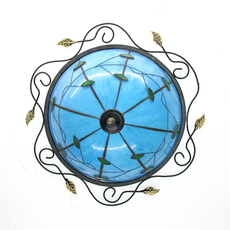 Round Ceiling Light Tiffany Style Stained Glass 3 Bulbs Ceiling Light Fixture with Leaf Pattern in Beige/Blue Clearhalo 'Ceiling Lights' 'Close To Ceiling Lights' 'Close to ceiling' 'Flush mount' Lighting' 26417