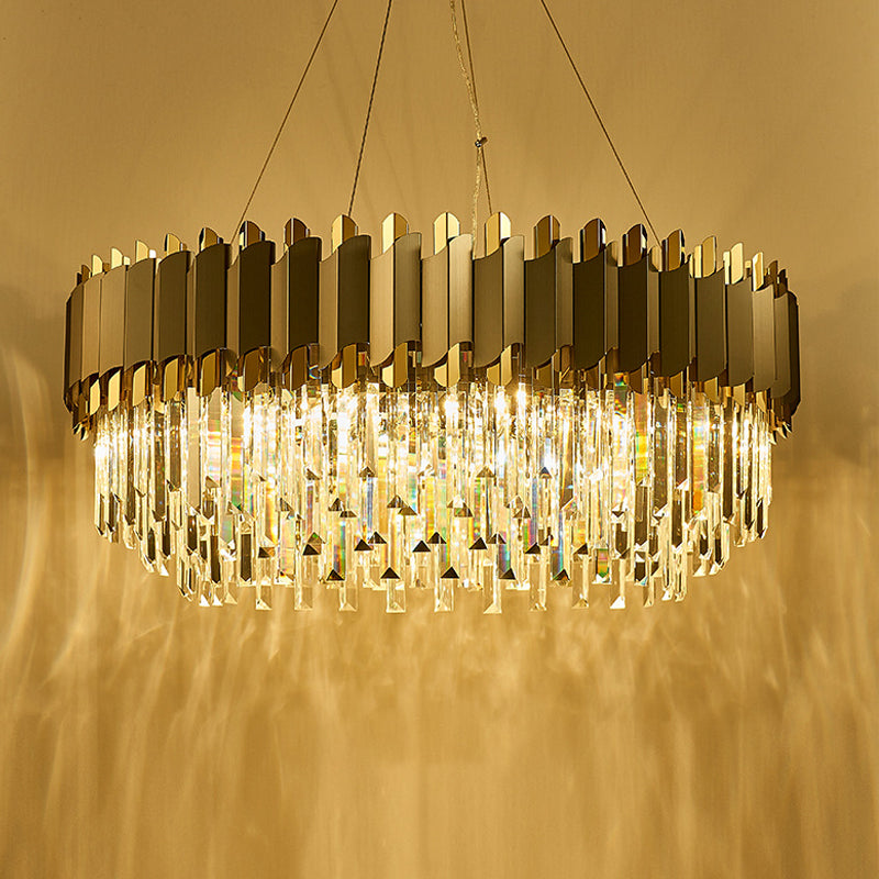 Oblong Layered Living Room Pendant Light Grey Crystal 8/12-Light Contemporary Hanging Chandelier 12 Grey Clearhalo 'Ceiling Lights' 'Chandeliers' 'Modern Chandeliers' 'Modern' Lighting' 264298