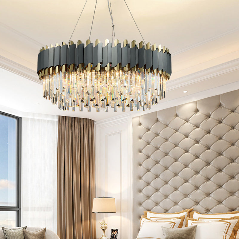 Oblong Layered Living Room Pendant Light Grey Crystal 8/12-Light Contemporary Hanging Chandelier Clearhalo 'Ceiling Lights' 'Chandeliers' 'Modern Chandeliers' 'Modern' Lighting' 264299