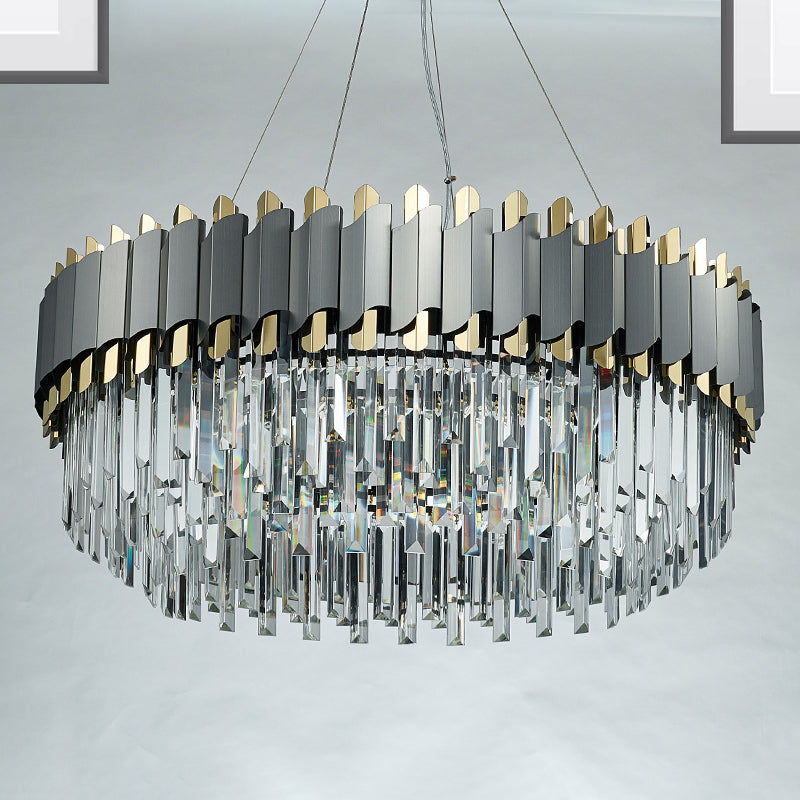 Oblong Layered Living Room Pendant Light Grey Crystal 8/12-Light Contemporary Hanging Chandelier 8 Grey Clearhalo 'Ceiling Lights' 'Chandeliers' 'Modern Chandeliers' 'Modern' Lighting' 264303