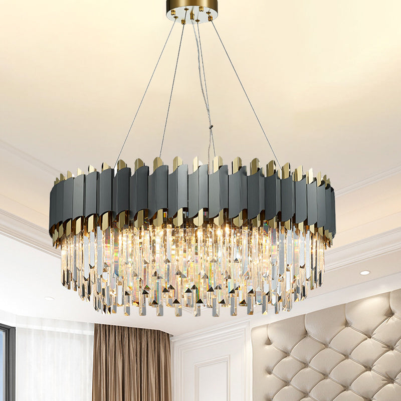 Oblong Layered Living Room Pendant Light Grey Crystal 8/12-Light Contemporary Hanging Chandelier Clearhalo 'Ceiling Lights' 'Chandeliers' 'Modern Chandeliers' 'Modern' Lighting' 264304