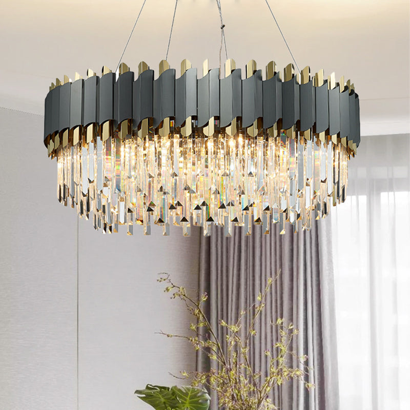 Oblong Layered Living Room Pendant Light Grey Crystal 8/12-Light Contemporary Hanging Chandelier Clearhalo 'Ceiling Lights' 'Chandeliers' 'Modern Chandeliers' 'Modern' Lighting' 264305