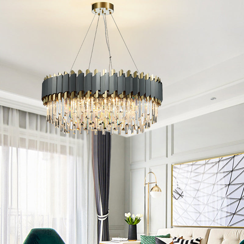 Oblong Layered Living Room Pendant Light Grey Crystal 8/12-Light Contemporary Hanging Chandelier Clearhalo 'Ceiling Lights' 'Chandeliers' 'Modern Chandeliers' 'Modern' Lighting' 264306