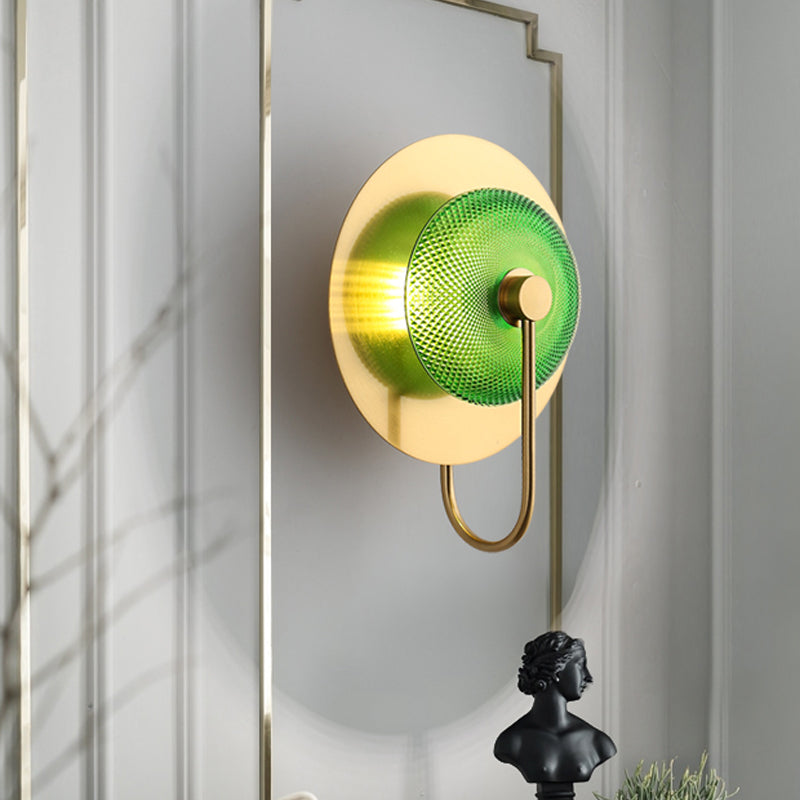 Bell Metal Wall Lighting Vintage 1/2/3-Light Sconce Light Fixture in Gold with Green Prismatic Glass Shade 1.0 Gold Clearhalo 'Wall Lamps & Sconces' 'Wall Lights' Lighting' 264310