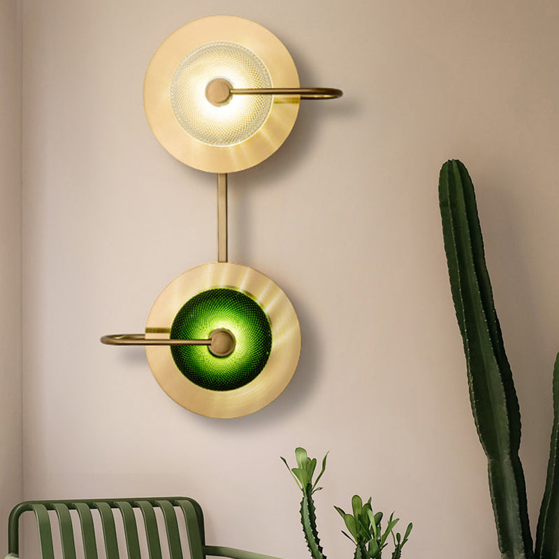 Bell Metal Wall Lighting Vintage 1/2/3-Light Sconce Light Fixture in Gold with Green Prismatic Glass Shade 2.0 Gold Clearhalo 'Wall Lamps & Sconces' 'Wall Lights' Lighting' 264316