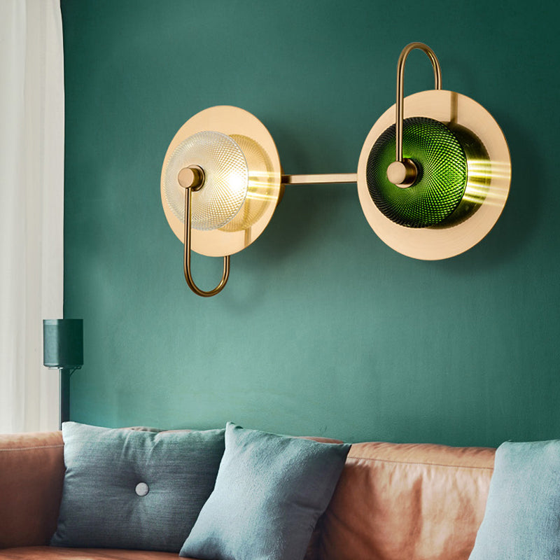 Bell Metal Wall Lighting Vintage 1/2/3-Light Sconce Light Fixture in Gold with Green Prismatic Glass Shade Clearhalo 'Wall Lamps & Sconces' 'Wall Lights' Lighting' 264317