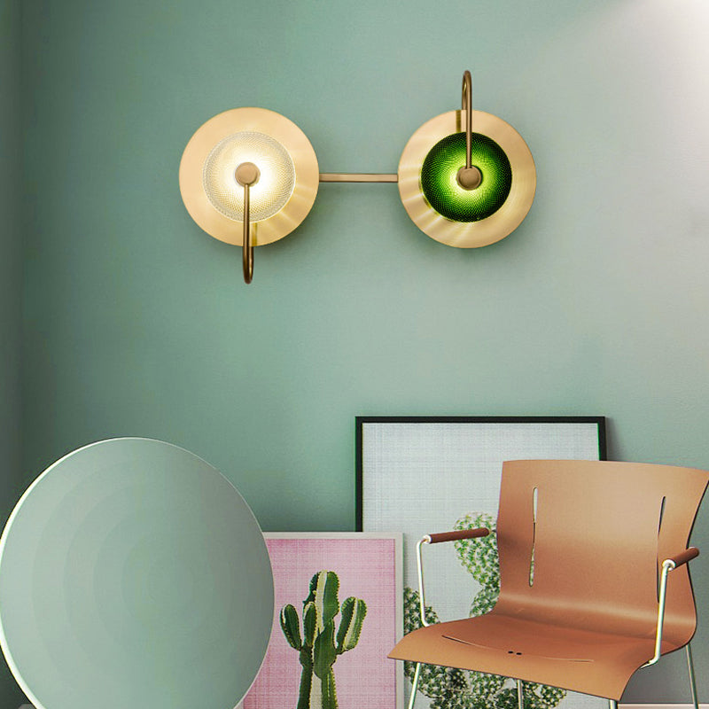 Bell Metal Wall Lighting Vintage 1/2/3-Light Sconce Light Fixture in Gold with Green Prismatic Glass Shade Clearhalo 'Wall Lamps & Sconces' 'Wall Lights' Lighting' 264318