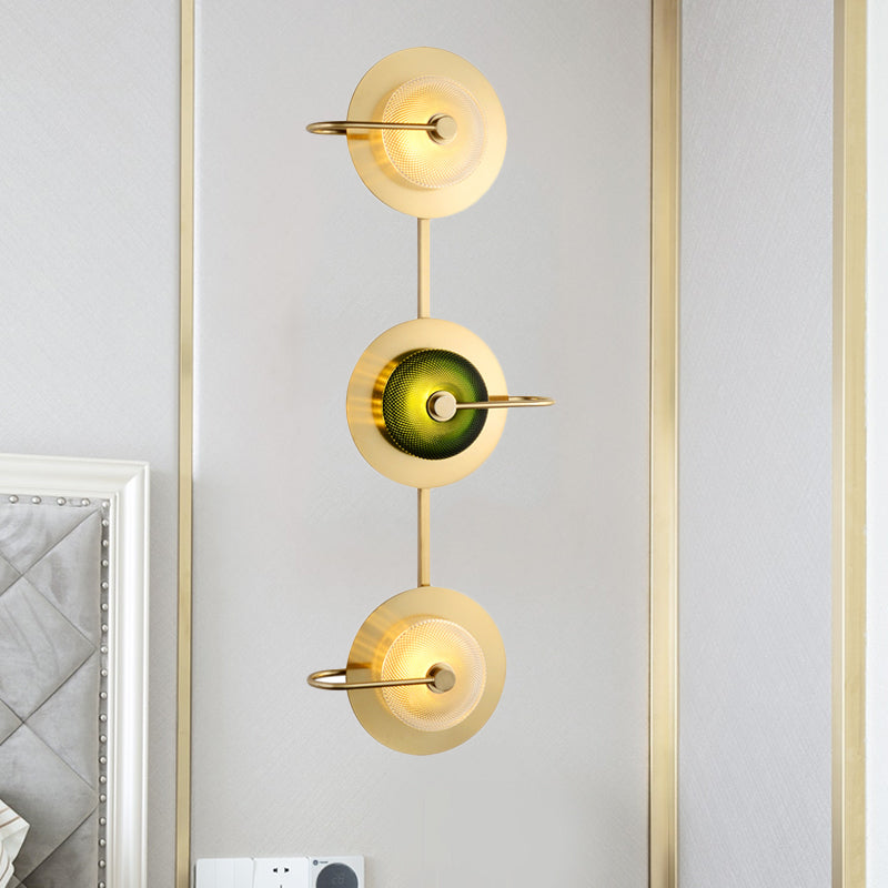 Bell Metal Wall Lighting Vintage 1/2/3-Light Sconce Light Fixture in Gold with Green Prismatic Glass Shade 3.0 Gold Clearhalo 'Wall Lamps & Sconces' 'Wall Lights' Lighting' 264321