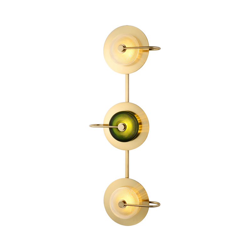 Bell Metal Wall Lighting Vintage 1/2/3-Light Sconce Light Fixture in Gold with Green Prismatic Glass Shade Clearhalo 'Wall Lamps & Sconces' 'Wall Lights' Lighting' 264324