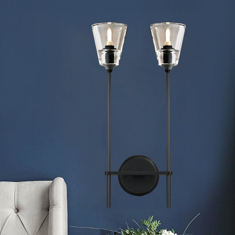 Black/Brass Finish Pencil Arm Wallchiere Vintage Metallic 1/2 Bulbs Wall Lamp with Clear Tapered Glass Shade 2.0 Black Clearhalo 'Wall Lamps & Sconces' 'Wall Lights' Lighting' 264430