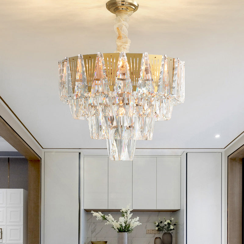 Triangle Chandelier Modernism Metallic 7-Light Gold Hanging Ceiling Light with Crystal Icicle Clearhalo 'Ceiling Lights' 'Chandeliers' Lighting' options 264447