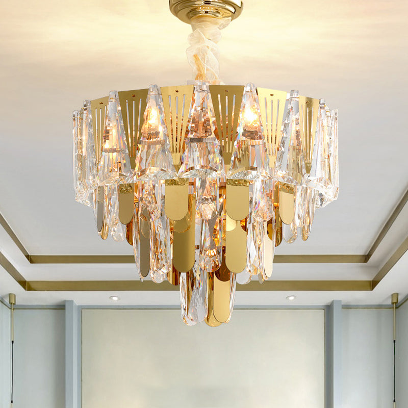 Triangle Chandelier Modernism Metallic 7-Light Gold Hanging Ceiling Light with Crystal Icicle Gold A Clearhalo 'Ceiling Lights' 'Chandeliers' Lighting' options 264450_79eaeff3-294c-4bda-8e61-838470b51346