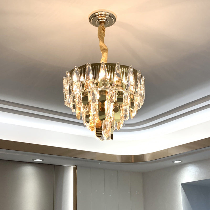 Triangle Chandelier Modernism Metallic 7-Light Gold Hanging Ceiling Light with Crystal Icicle Clearhalo 'Ceiling Lights' 'Chandeliers' Lighting' options 264452