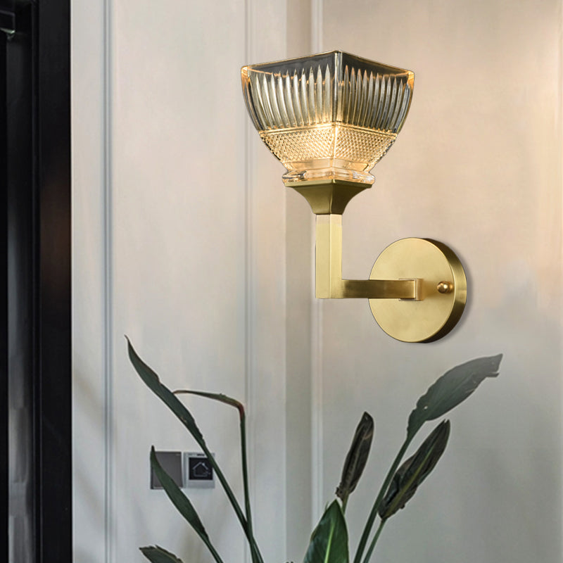 Prismatic Glass Torch Sconce Light Modernist 1/2 Heads Wall Lamp with Upright Gold Arm 1.0 Gold Clearhalo 'Wall Lamps & Sconces' 'Wall Lights' Lighting' 264471