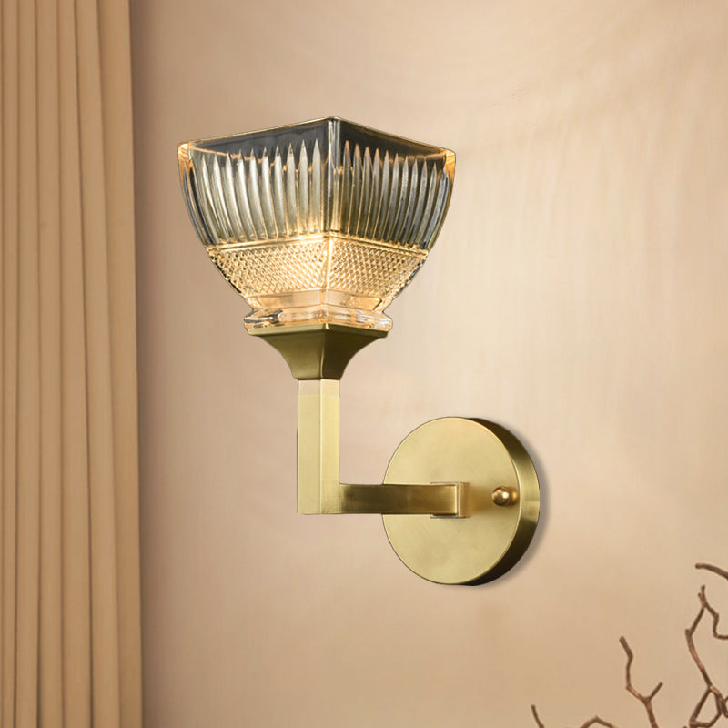 Prismatic Glass Torch Sconce Light Modernist 1/2 Heads Wall Lamp with Upright Gold Arm Clearhalo 'Wall Lamps & Sconces' 'Wall Lights' Lighting' 264472