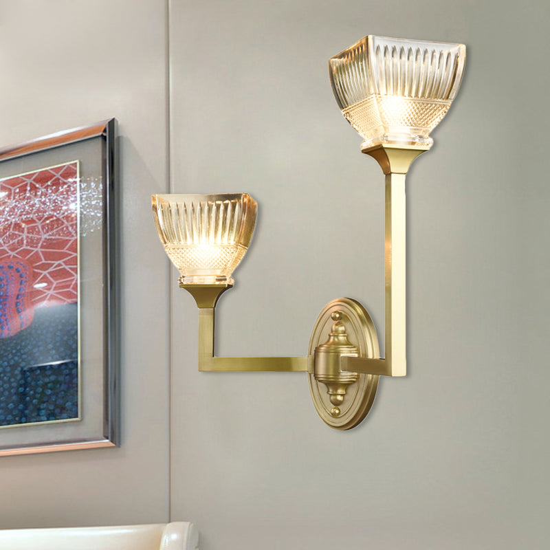 Prismatic Glass Torch Sconce Light Modernist 1/2 Heads Wall Lamp with Upright Gold Arm 2.0 Gold Clearhalo 'Wall Lamps & Sconces' 'Wall Lights' Lighting' 264476