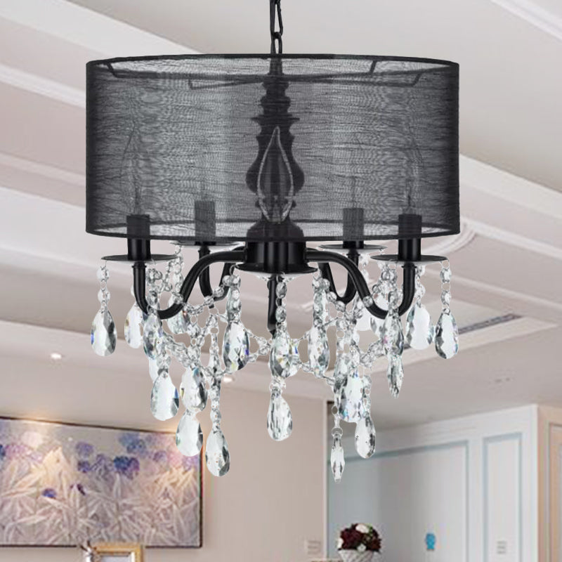 Traditional 5 Lights Hanging Chandelier Black Round Fabric Pendant Light Fixture with Crystal Accent Clearhalo 'Ceiling Lights' 'Chandeliers' 'Modern Chandeliers' 'Modern' Lighting' 264481