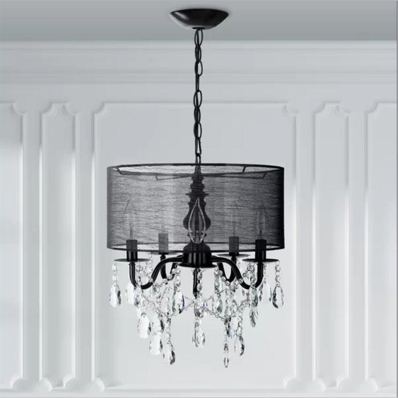 Traditional 5 Lights Hanging Chandelier Black Round Fabric Pendant Light Fixture with Crystal Accent Black Clearhalo 'Ceiling Lights' 'Chandeliers' 'Modern Chandeliers' 'Modern' Lighting' 264482