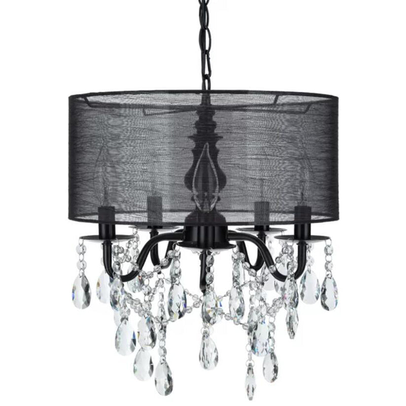 Traditional 5 Lights Hanging Chandelier Black Round Fabric Pendant Light Fixture with Crystal Accent Clearhalo 'Ceiling Lights' 'Chandeliers' 'Modern Chandeliers' 'Modern' Lighting' 264484