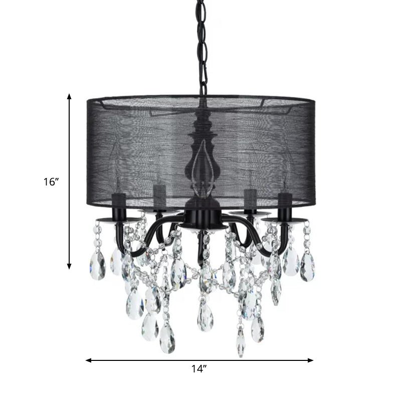 Traditional 5 Lights Hanging Chandelier Black Round Fabric Pendant Light Fixture with Crystal Accent Clearhalo 'Ceiling Lights' 'Chandeliers' 'Modern Chandeliers' 'Modern' Lighting' 264485