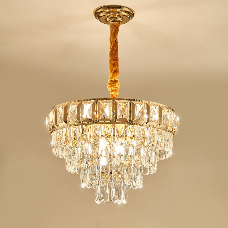 Golden Tiered Chandelier Lamp Simple 6/9-Light Crystal Hanging Light for Dining Room 9 Gold Clearhalo 'Ceiling Lights' 'Chandeliers' 'Modern Chandeliers' 'Modern' Lighting' 264585