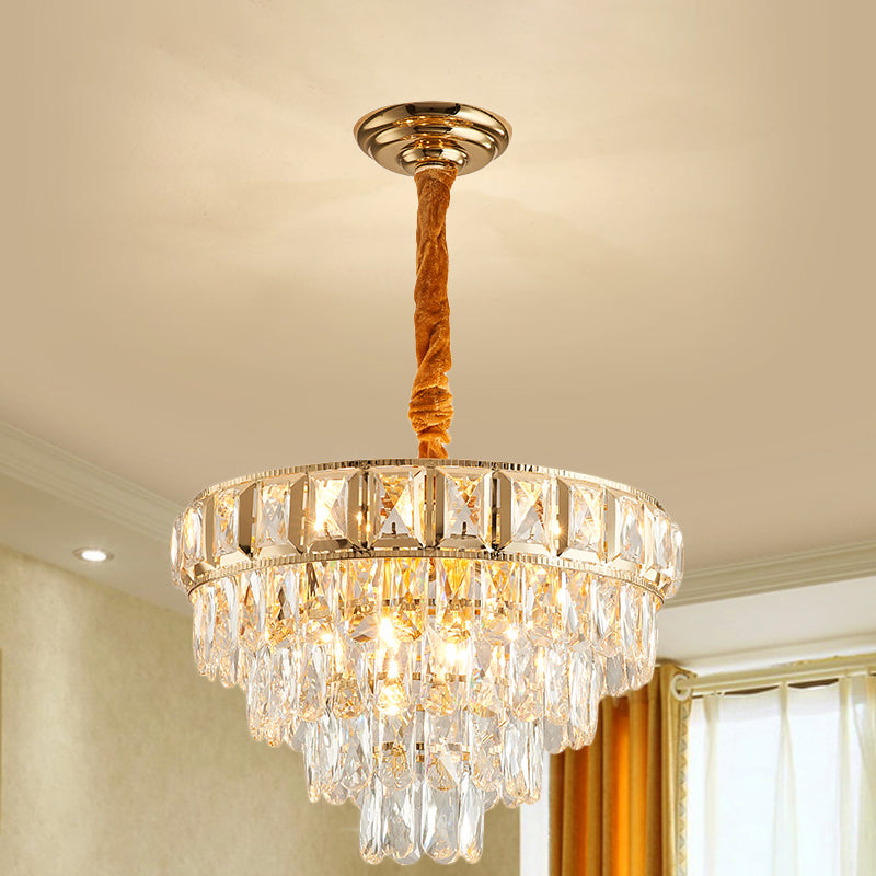 Golden Tiered Chandelier Lamp Simple 6/9-Light Crystal Hanging Light for Dining Room Clearhalo 'Ceiling Lights' 'Chandeliers' 'Modern Chandeliers' 'Modern' Lighting' 264586